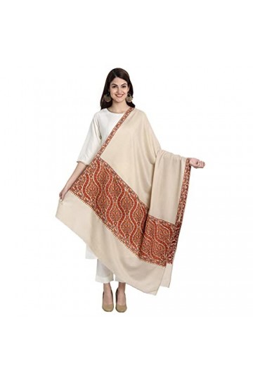 Kashmiri Sozni Écharpe en laine pashmina brodée indienne en papier mâché pour femme, ivoire, Large