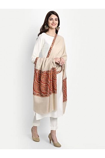 Kashmiri Sozni Écharpe en laine pashmina brodée indienne en papier mâché pour femme, ivoire, Large