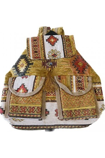 bazachi Mini sac à dos pour femme tissé à la main écologique en tissu Kilim, camel, S