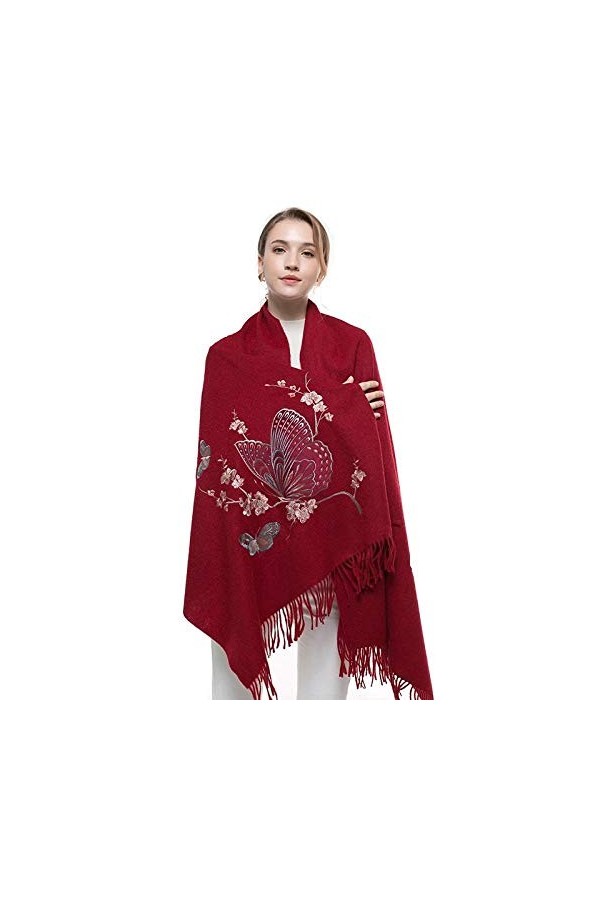 JUGUU Echarpes Et Foulards100% Laine Foulard Broderie Châles Papillon Et Écharpes Pour Dames-Rouge_190 X 70 Cm