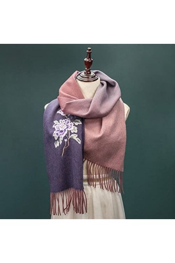 RFEGEF Femme Écharpe Pashmina,Dames Écharpes Et Châles Violet Rétro Dégradé Pivoine Broderie Gland De Laine Long Doux Foulard