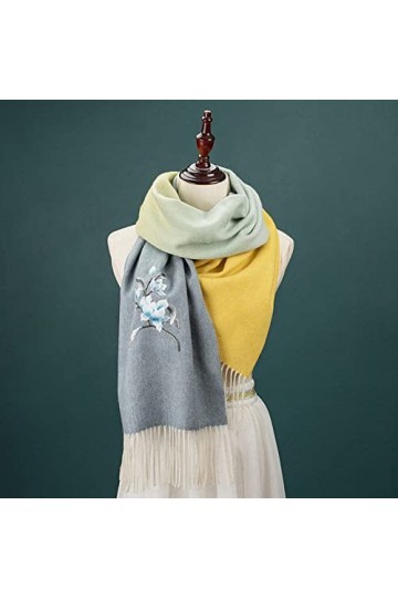 RFEGEF Femme Écharpe Pashmina,Dames Écharpes Et Châles Gris Rétro Dégradé Magnolia Broderie Laine Gland Long Doux Hiver Échar