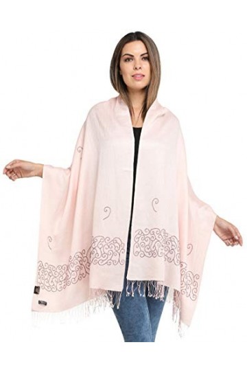 Exotic India Étole en cachemire rose nacré du Népal avec perles sur la bordure.