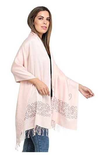 Exotic India Étole en cachemire rose nacré du Népal avec perles sur la bordure.