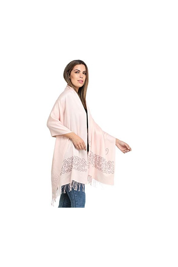Exotic India Étole en cachemire rose nacré du Népal avec perles sur la bordure.