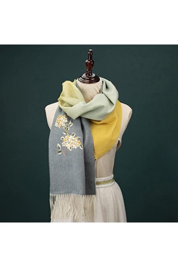 RFEGEF Femme Écharpe Pashmina,Dames Écharpes Et Châles Jaune Rétro Dégradé Fleur Broderie Laine Gland Long Doux Hiver Écharpe