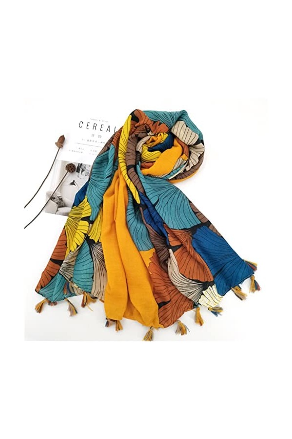 ZAIZAI Gold Ginkgo Biloba Pétale Floral Floral Tassel Viscose Écharpe Écharpe Pashmina Stole Bufandas Muslim Hijab Color : A
