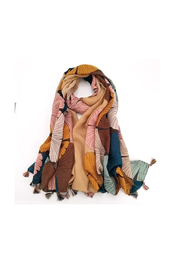 ZAIZAI Gold Ginkgo Biloba Pétale Floral Floral Tassel Viscose Écharpe Écharpe Pashmina Stole Bufandas Muslim Hijab Color : A