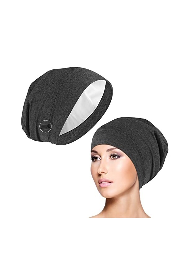 WLLHYF Bonnet de Sommeil en Soie Doux Doublure en Satin pour Femme et Homme Gris Gris foncé Taille Unique