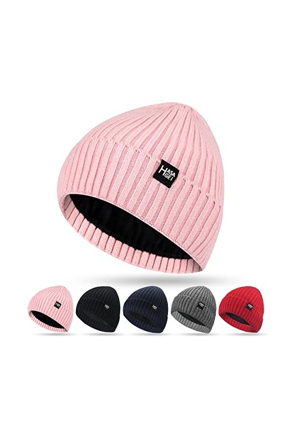 HASAGEI Bonnet dhiver pour homme et femme en tricot polaire épais doublé polaire thermique coupe-vent, rose, taille unique