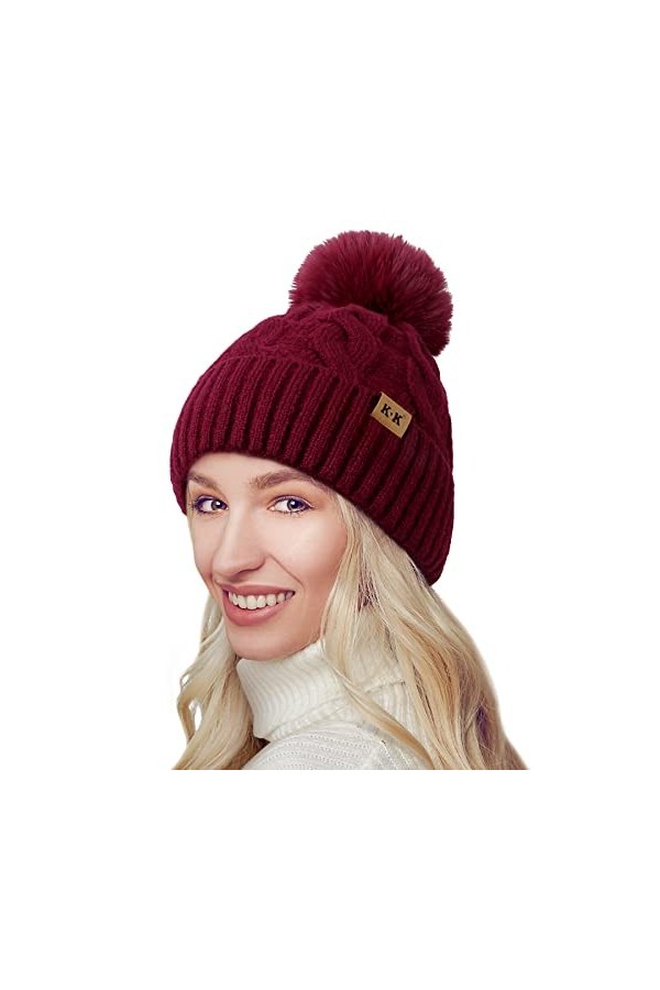 YAKASU Bonnet Femme Hiver - Chapeau Femme Pompon Bonnet en Tricot Chaud Doublé Polaire Knitted Beanie Femme Bonnet Hats dhiv