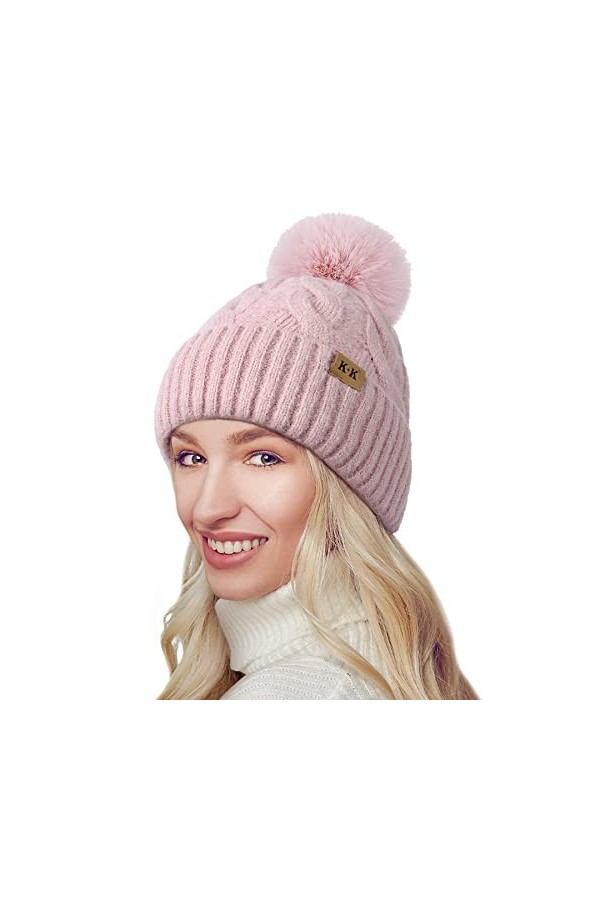YAKASU Bonnet Femme Hiver - Chapeau Femme Pompon Bonnet en Tricot Chaud Doublé Polaire Knitted Beanie Femme Bonnet Hats dhiv