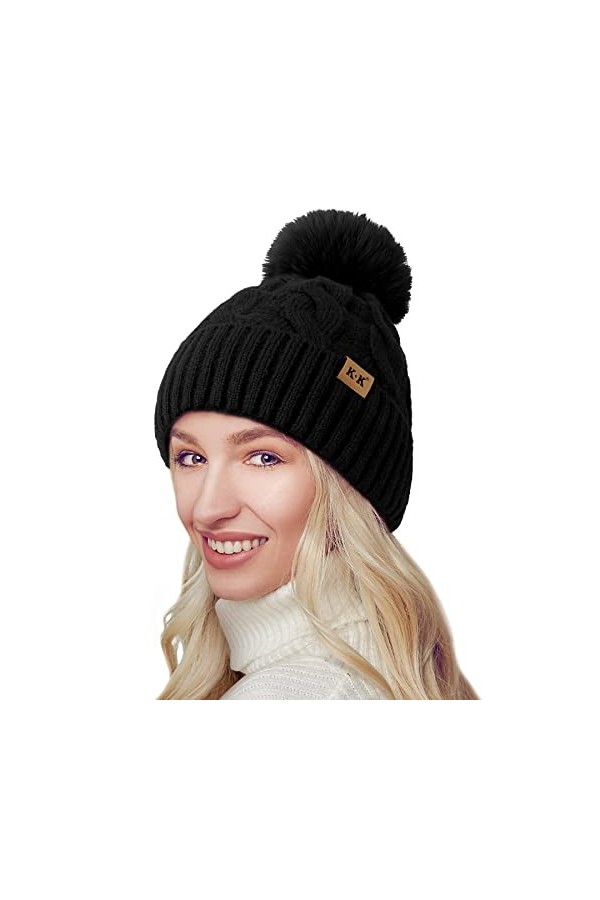 YAKASU Bonnet Femme Hiver - Chapeau Femme Pompon Bonnet en Tricot Chaud Doublé Polaire Knitted Beanie Femme Bonnet Hats dhiv