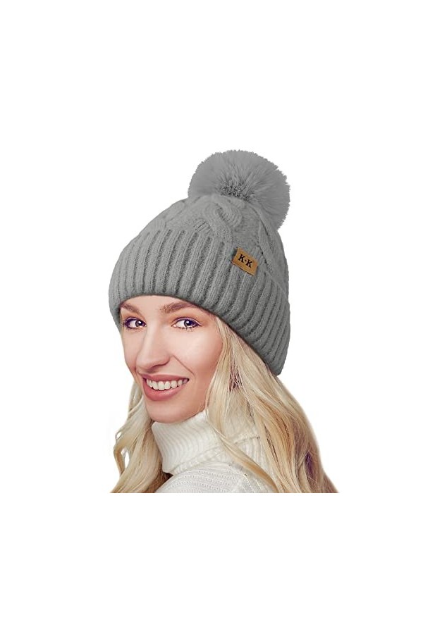 YAKASU Bonnet Femme Hiver - Chapeau Femme Pompon Bonnet en Tricot Chaud Doublé Polaire Knitted Beanie Femme Bonnet Hats dhiv
