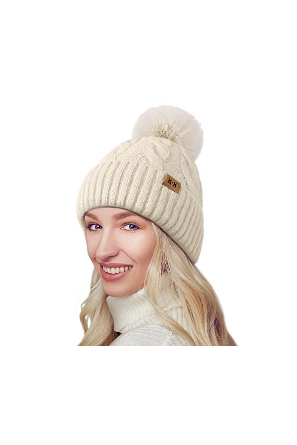 YAKASU Bonnet Femme Hiver - Chapeau Femme Pompon Bonnet en Tricot Chaud Doublé Polaire Knitted Beanie Femme Bonnet Hats dhiv