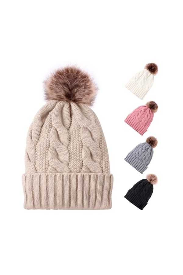 Bonnet dhiver chaud en tricot avec pompon pour femme et fille, BLANC, taille unique