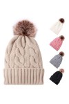 Bonnet dhiver chaud en tricot avec pompon pour femme et fille, BLANC, taille unique