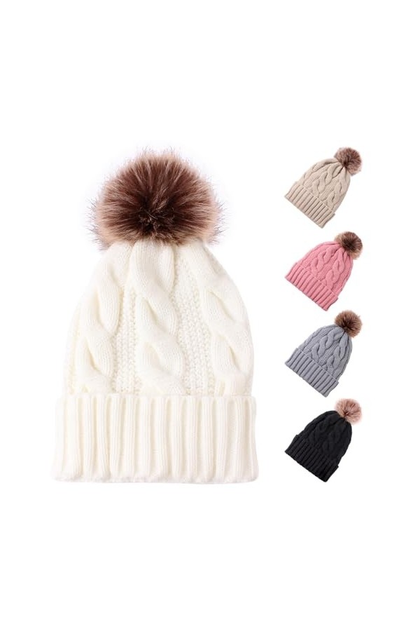Bonnet dhiver chaud en tricot avec pompon pour femme et fille, BLANC, taille unique