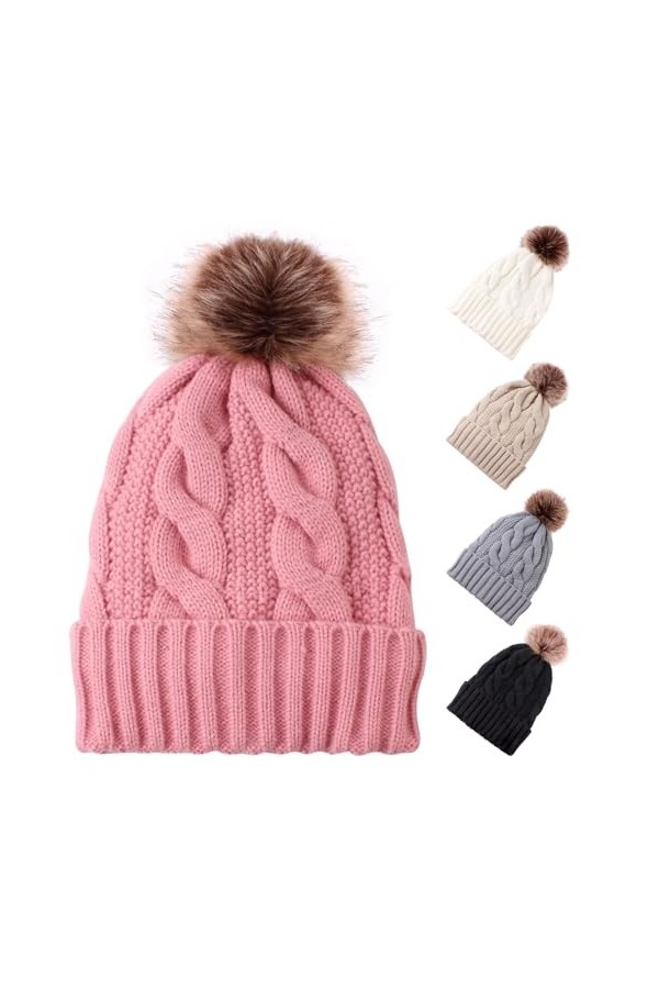 Bonnet dhiver chaud en tricot avec pompon pour femme et fille, BLANC, taille unique