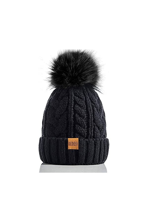 REDESS Bonnet dhiver à Pompon pour Femme avec Doublure en Polaire Chaude, Bonnet de Ski en Tricot de Neige épais et épais