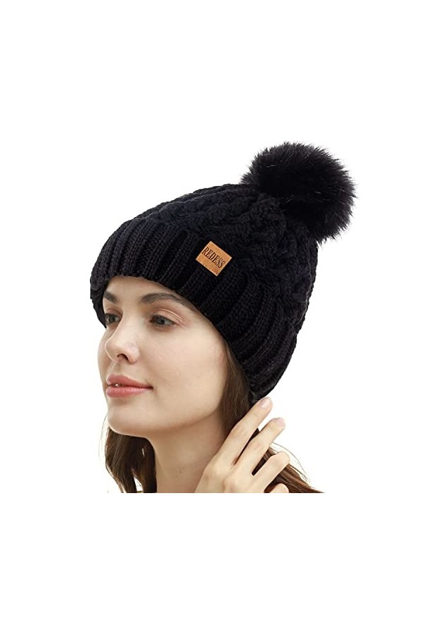 REDESS Femmes Hiver Pompon Bonnet Chapeau Polaire Doublé Chaud Chapeaux, Épais Slouchy Neige Tricot Bonnet Croisé pour Dames