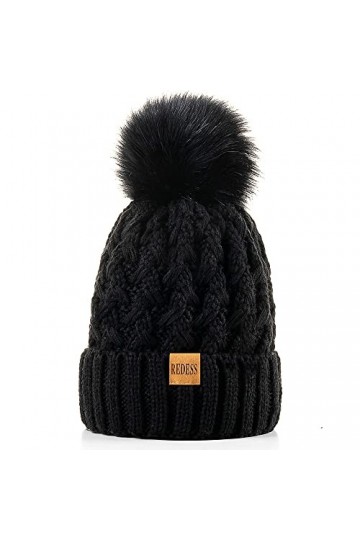 REDESS Femmes Hiver Pompon Bonnet Chapeau Polaire Doublé Chaud Chapeaux, Épais Slouchy Neige Tricot Bonnet Croisé pour Dames