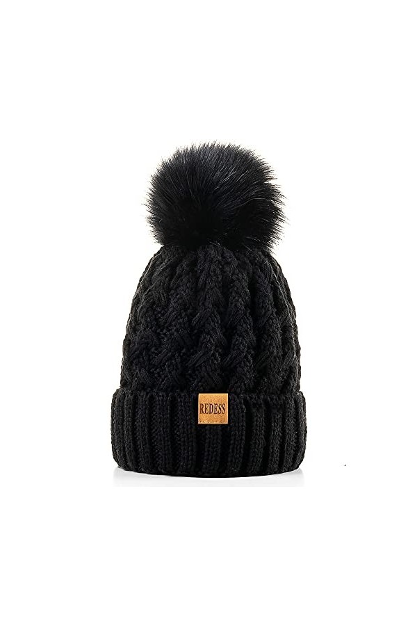 REDESS Femmes Hiver Pompon Bonnet Chapeau Polaire Doublé Chaud Chapeaux, Épais Slouchy Neige Tricot Bonnet Croisé pour Dames