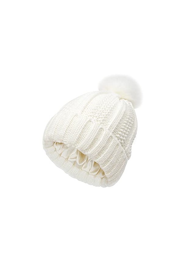TOEECY Bonnet Femme Hiver Chaud Bonnet Tricoté avec Pompon en Fausse Fourrure Épais Souple Tricot Chapeau Satin Doublé Protég