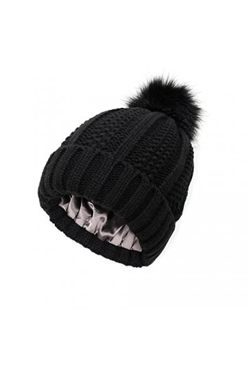 TOEECY Bonnet Femme Hiver Chaud Bonnet Tricoté avec Pompon en Fausse Fourrure Épais Souple Tricot Chapeau Satin Doublé Protég