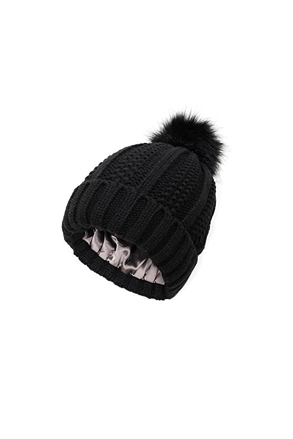 TOEECY Bonnet Femme Hiver Chaud Bonnet Tricoté avec Pompon en Fausse Fourrure Épais Souple Tricot Chapeau Satin Doublé Protég