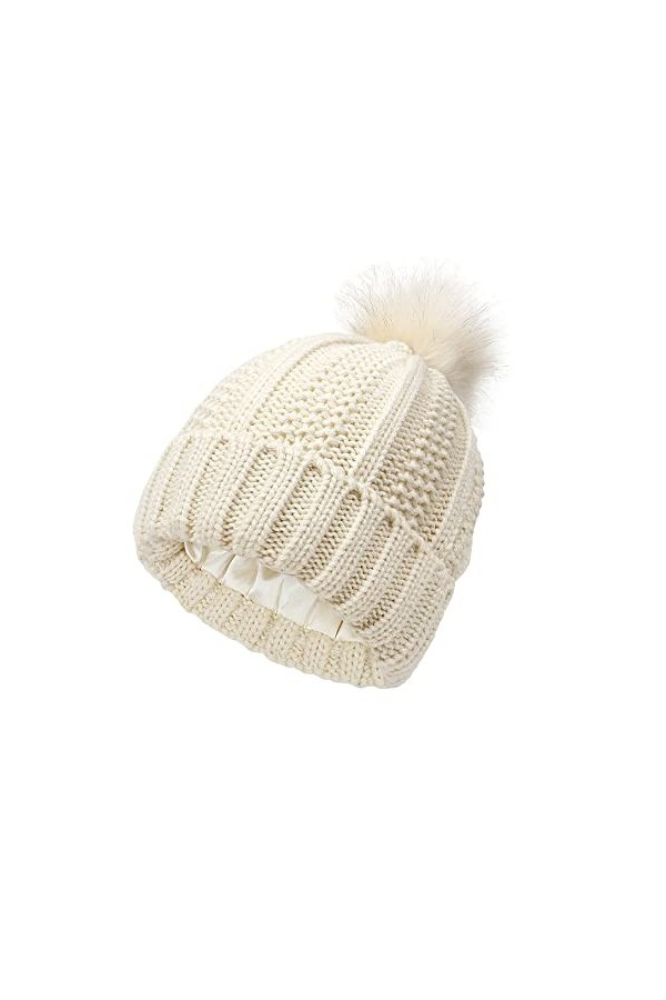 TOEECY Bonnet Femme Hiver Chaud Bonnet Tricoté avec Pompon en Fausse Fourrure Épais Souple Tricot Chapeau Satin Doublé Protég