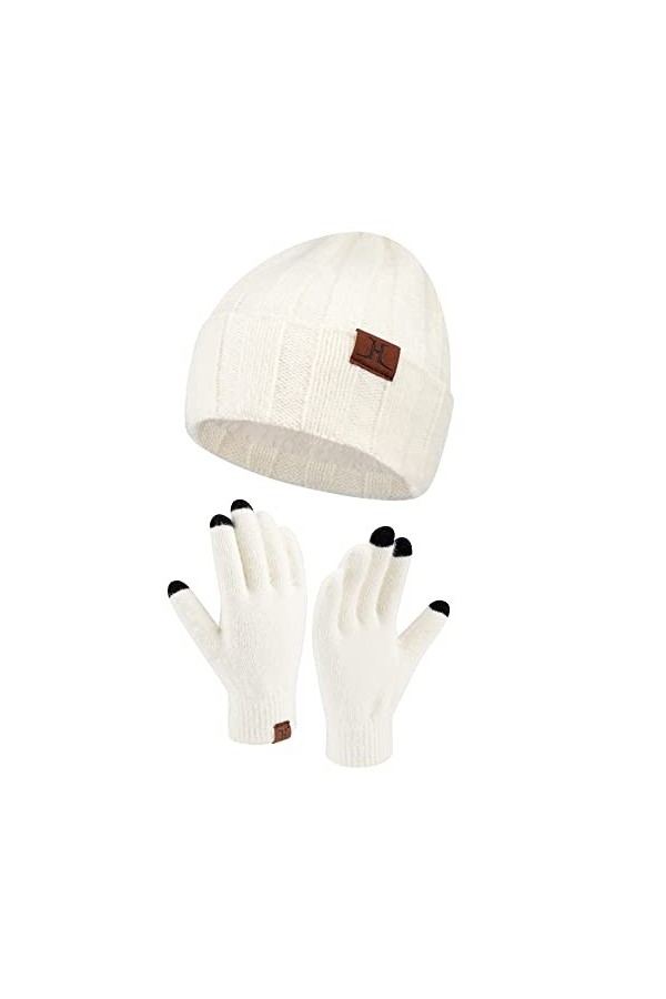 Femme Hiver Chaud Tricoter Bonnet Chapeau Gants Tactiles Ensemble avec Doublure Polaire Casquette Crâne Gants Set Blanc