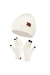 Femme Hiver Chaud Tricoter Bonnet Chapeau Gants Tactiles Ensemble avec Doublure Polaire Casquette Crâne Gants Set Blanc