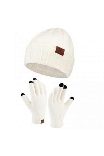 Femme Hiver Chaud Tricoter Bonnet Chapeau Gants Tactiles Ensemble avec Doublure Polaire Casquette Crâne Gants Set Blanc