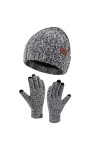 Femme Hiver Chaud Tricoter Bonnet Chapeau Gants Tactiles Ensemble avec Doublure Polaire Casquette Crâne Gants Set Blanc
