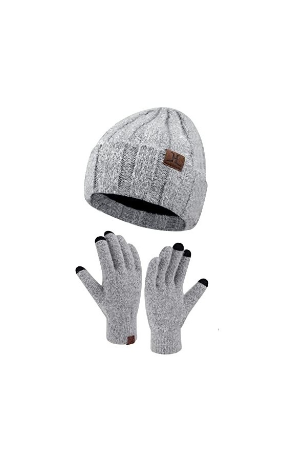 Femme Hiver Chaud Tricoter Bonnet Chapeau Gants Tactiles Ensemble avec Doublure Polaire Casquette Crâne Gants Set Blanc