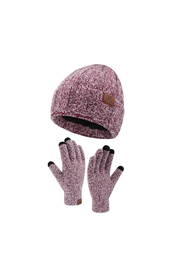 Femme Hiver Chaud Tricoter Bonnet Chapeau Gants Tactiles Ensemble avec Doublure Polaire Casquette Crâne Gants Set Blanc