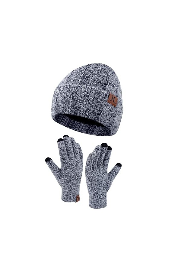 Femme Hiver Chaud Tricoter Bonnet Chapeau Gants Tactiles Ensemble avec Doublure Polaire Casquette Crâne Gants Set Blanc