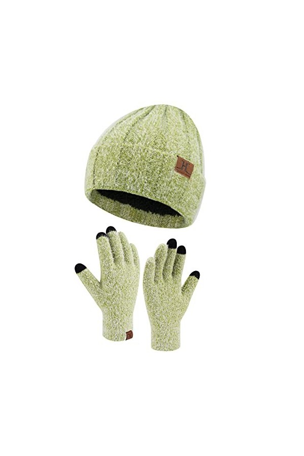 Femme Hiver Chaud Tricoter Bonnet Chapeau Gants Tactiles Ensemble avec Doublure Polaire Casquette Crâne Gants Set Blanc