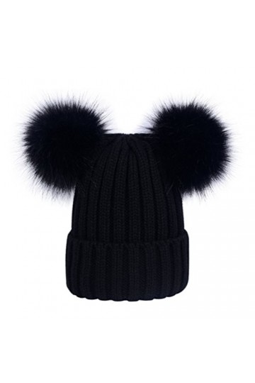 Laus Bonnets beanie femme chaud hiver, Bonnet en tricot côtelé à deux pompons en fausse fourrure Noir