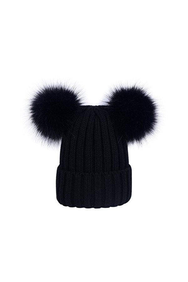 Laus Bonnets beanie femme chaud hiver, Bonnet en tricot côtelé à deux pompons en fausse fourrure Noir