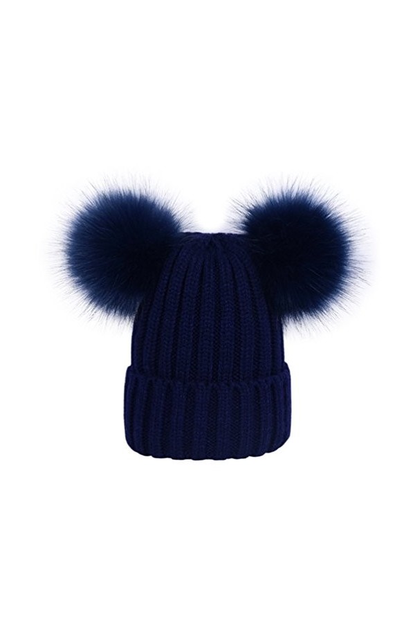 Laus Bonnets beanie femme chaud hiver, Bonnet en tricot côtelé à deux pompons en fausse fourrure Noir