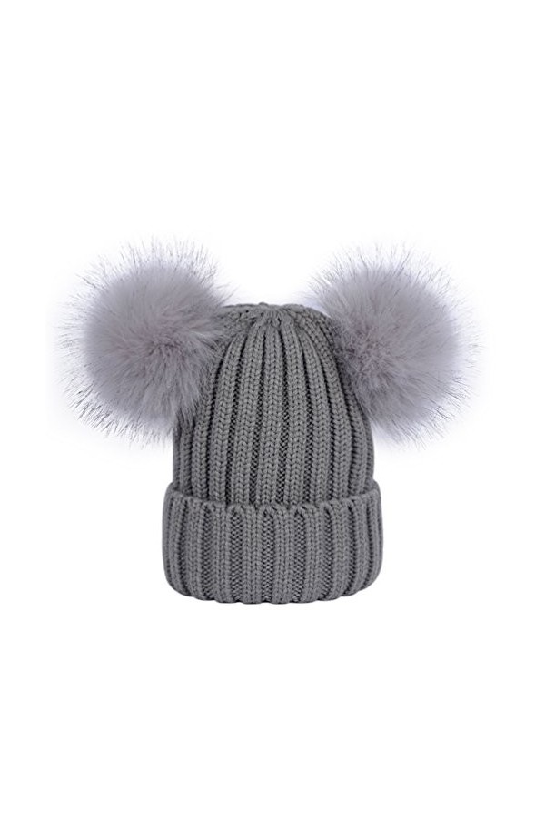 Laus Bonnets beanie femme chaud hiver, Bonnet en tricot côtelé à deux pompons en fausse fourrure Noir