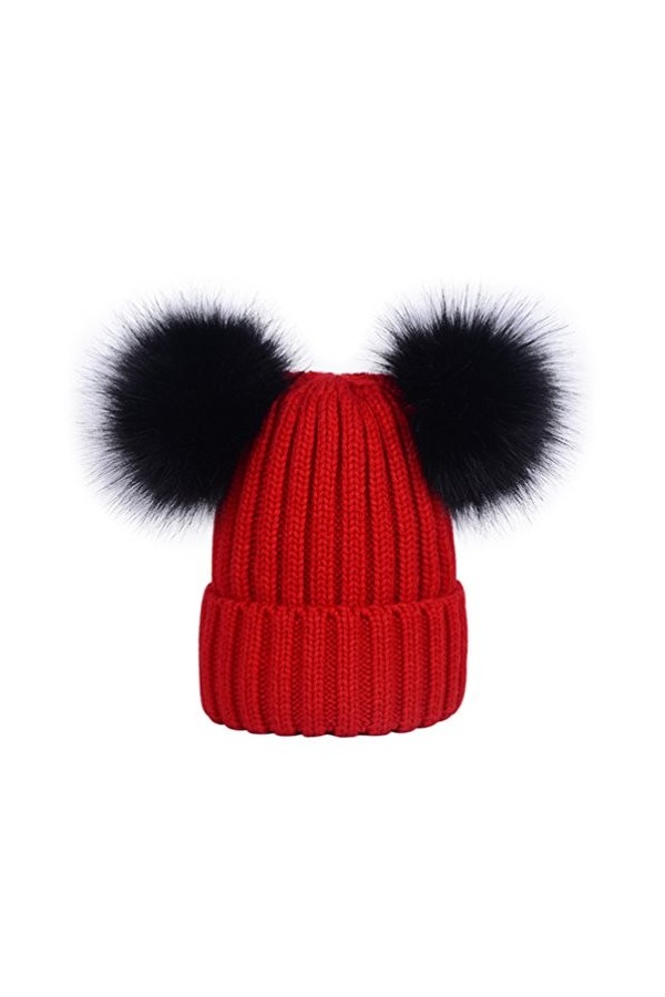 Laus Bonnets beanie femme chaud hiver, Bonnet en tricot côtelé à deux pompons en fausse fourrure Noir
