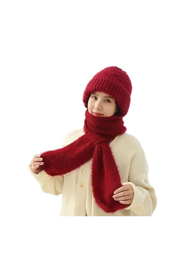 DJFOG Bonnet coupe-vent avec protection auditive intégrée, écharpe chaude 2 en 1, bonnet tricoté épais, bonnet dhiver, rose,