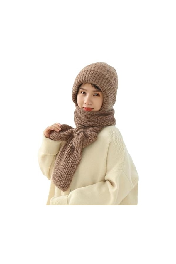 DJFOG Bonnet coupe-vent avec protection auditive intégrée, écharpe chaude 2 en 1, bonnet tricoté épais, bonnet dhiver, rose,