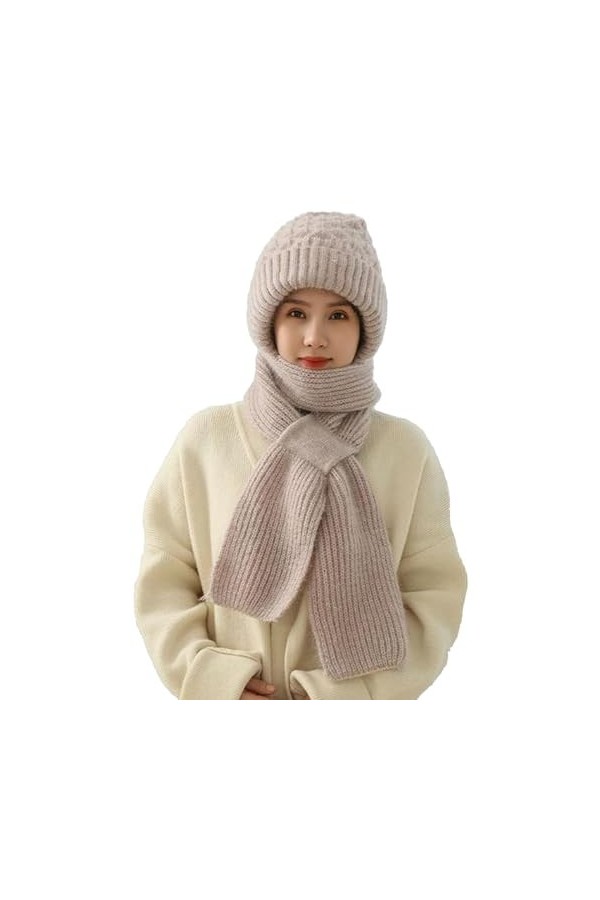 DJFOG Bonnet coupe-vent avec protection auditive intégrée, écharpe chaude 2 en 1, bonnet tricoté épais, bonnet dhiver, rose,