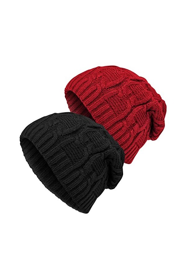 YSense Bonnet Femme Hiver avec Pompon, Bonnet en Tricot Chaud avec Doublure Polaire - Lot de 2 - Noir/Blanc - Taille Unique