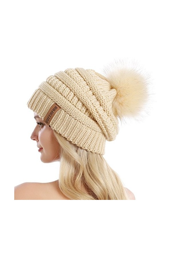 QUEENFUR Bonnet ample en tricot pour femme avec pompon en fausse fourrure - Bonnet de ski doux et chaud, A4 blanc., Taille L