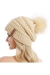 QUEENFUR Bonnet ample en tricot pour femme avec pompon en fausse fourrure - Bonnet de ski doux et chaud, A4 blanc., Taille L